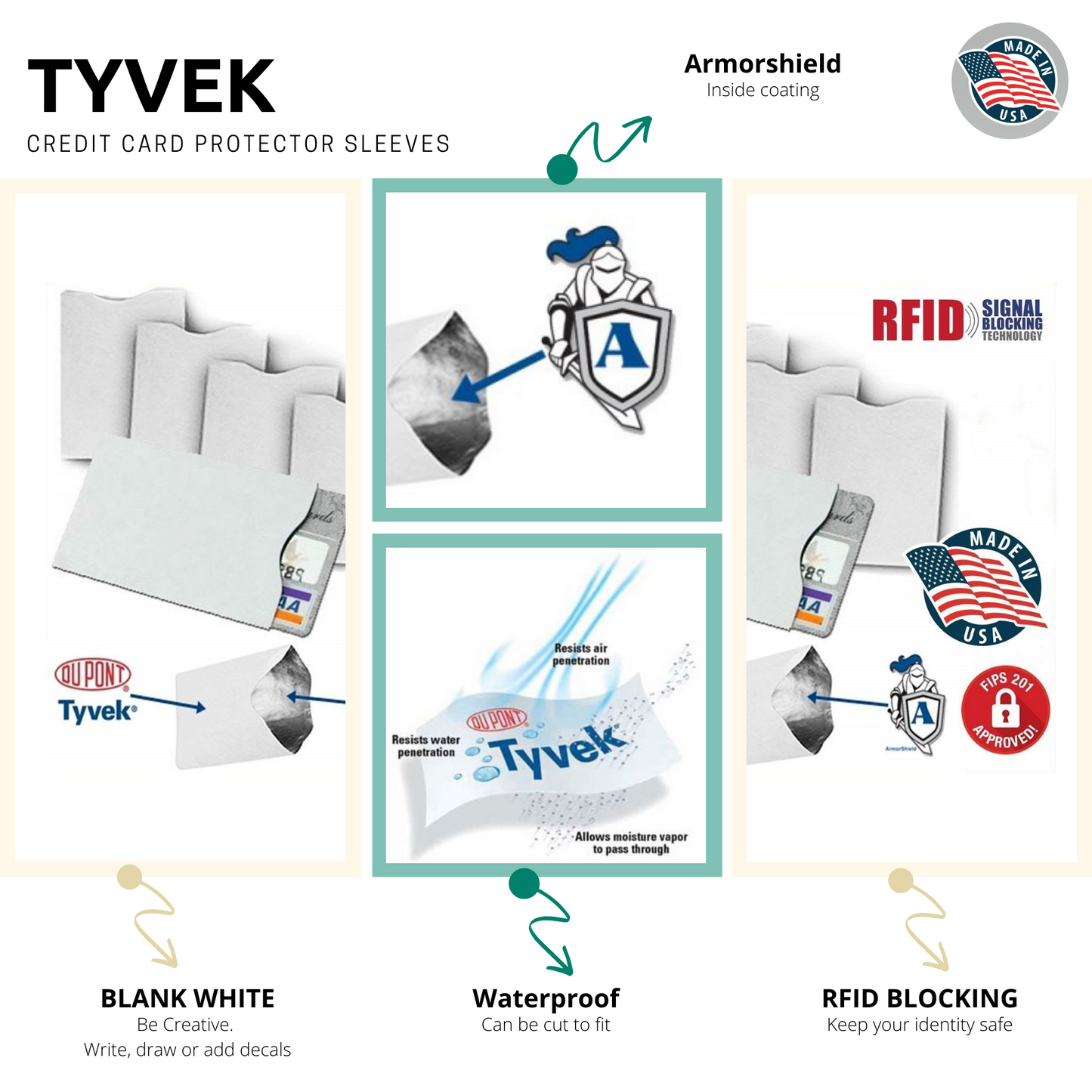 5x RFID Blocking Credit Card"DuPont TYVEK" Sleeves for wallet or purse. ArmorShield Your Identity