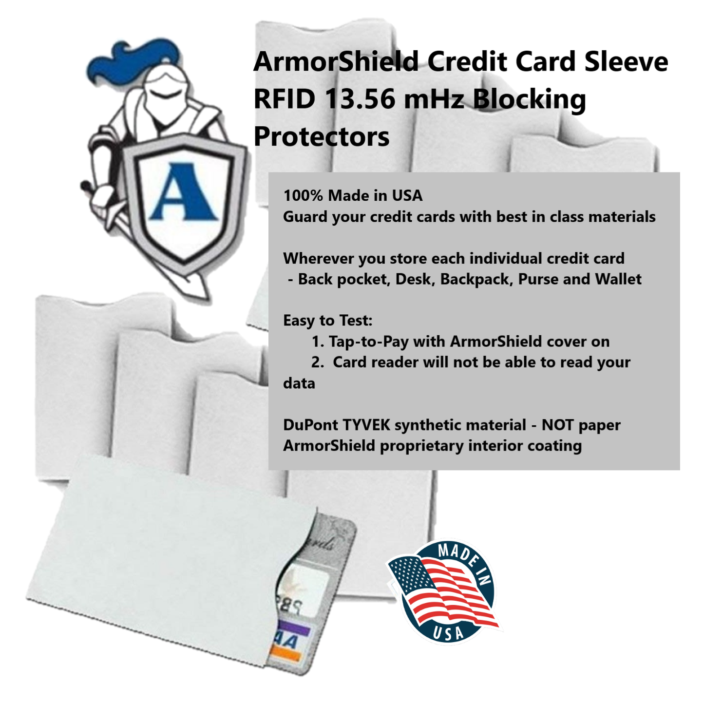 ArmorShield Your Identity - Semper Paratus Gear TYVEK Credit Card Sleeves Protectors 100% MADE IN USA - For Travel wallet or purse. RFID Blocking 13.56