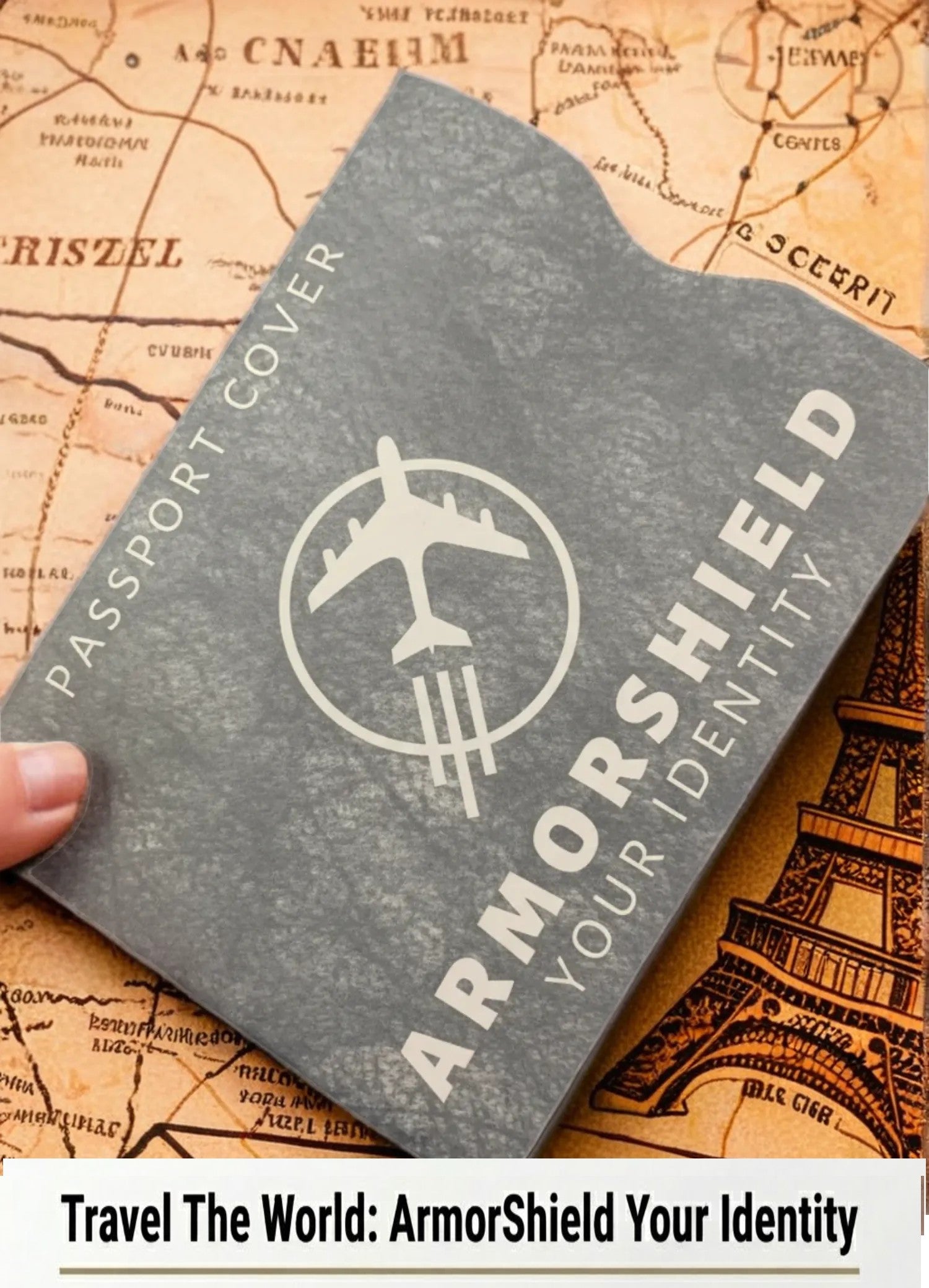 Gray passport cover with ArmorShield logo on a vintage map background