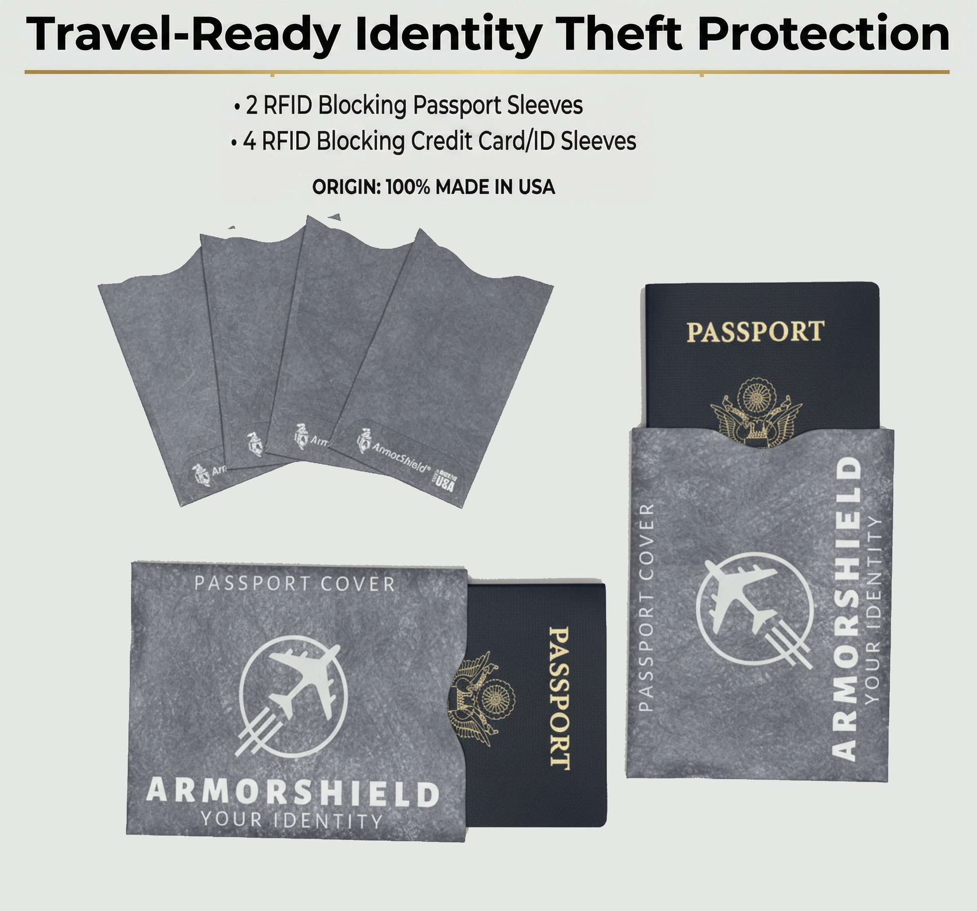 Armorshield travel identity theft protection products including passport and credit card sleeves on a light gray background.