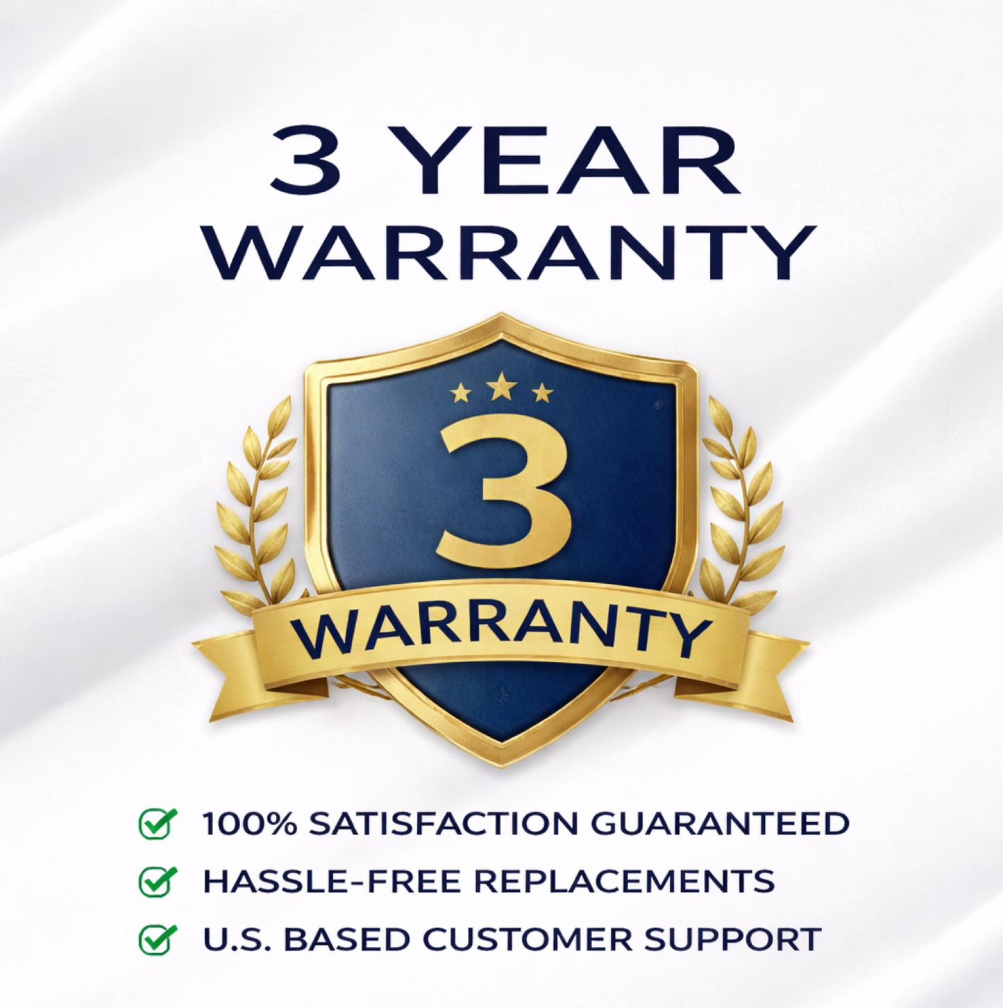 3-year warranty badge with shield and laurel wreath on a white background
